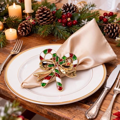 Alloy Candy Cane Bow Napkin Rings (8-Set Pack) - Dinner Napkin Holder & Festive Tabletop Topper for Holiday Table Decor