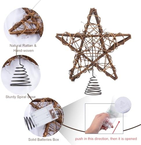 Christmas Tree Topper Farmhouse Christmas Decor Christmas Tree Decorations Rattan Natural Christmas Tree Star with 10 Warm LED Lights for Rustic Christmas Ornaments Holiday Seasonal Decoration 10 Inch