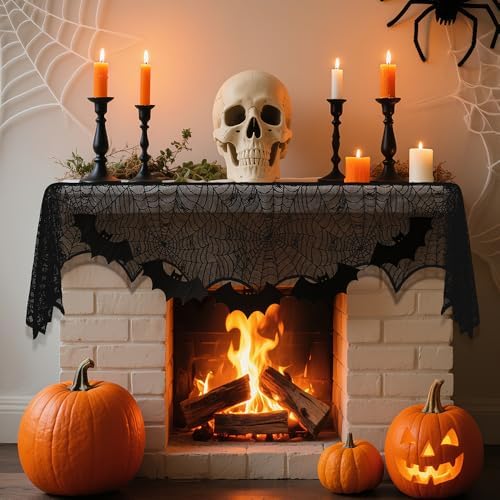 2 Pcs Halloween Mantle Scarf, Black Lace Spiderweb Fireplace Mantel Scarf, Halloween Fireplace Decor Cover Garland for Door Window Indoor Curtain Festive Party Supplies, 18 x 83 Inch