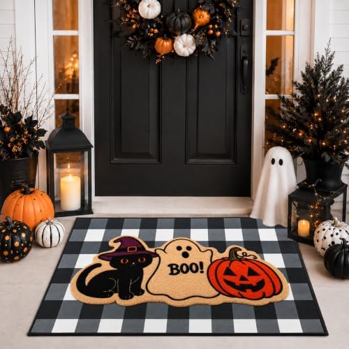 2 Pcs Halloween Welcome Door Mat-Black Cat Ghost Pumpkin Coir Door Mat Set