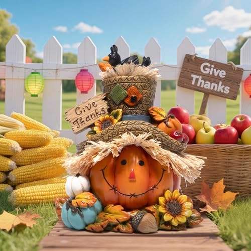 Hodao Pumpkin Figurine with Give Thanks Sign, Thanksgiving Decorations