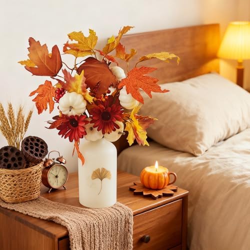 RHN Fall Flowers Artificial for Decoration,16.9 in Fall Floral Stems Picks with Pumpkin Sunflower Berry Maple Leaf Stem for Autumn Harvest Thankgiving Home Table Centerpiece Floral Arrangements