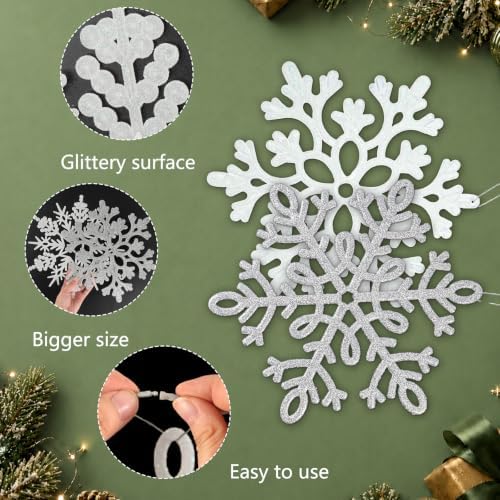 12pcs Large Christmas Snowflakes Decorations, 12" Big Plastic Glitter White Sliver Snowflake Ornaments for Winter Indoor Outdoor Christmas Tree Holiday Window Room Decor Craft Snowflakes