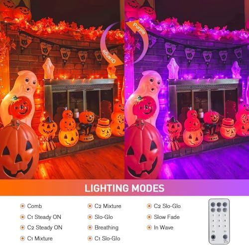 JMEXSUSS 2 Pack Orange Purple Halloween Lights Outdoor, Total 200 LED 66FT