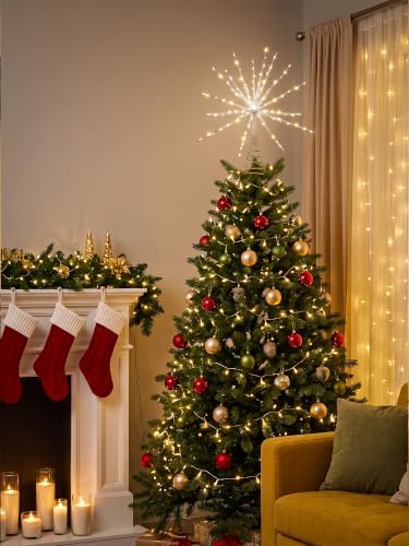 BrizLabs Silver Christmas Tree Topper Star, 14 in 8 Modes Lighted Starburst
