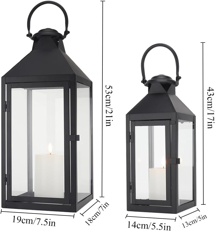 JHY DESIGN Set of 2 Black Decorative Lanterns 17.5inch&13.5inch Metal Candle Lanterns for Indoor Outdoor Events Paritie