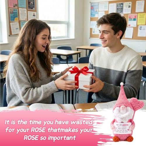 to My Love Crochet Gnome, Handmade Pink Romantic Gnome Decor for Valentines Day Anniversary Graduation, Emotional Support Desk with Love Message Card, Pink Heart Gnome Gift for Her