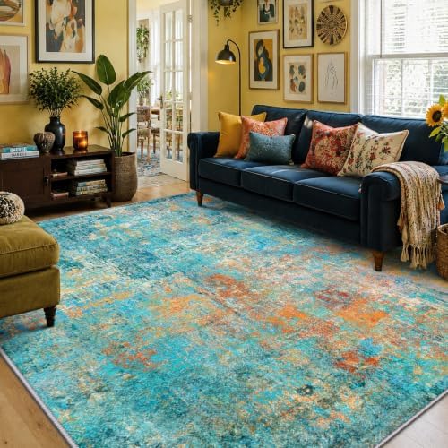 RELEANY Washable 10'x14' Abstract Area Rug for Living Room Teal Multi