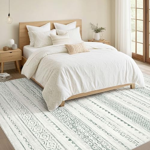 Nakagishi Green Rug Living Room 6x9: Washable Boho Large Neutral Farmhouse Soft Area Rugs Modern Stain Resistant