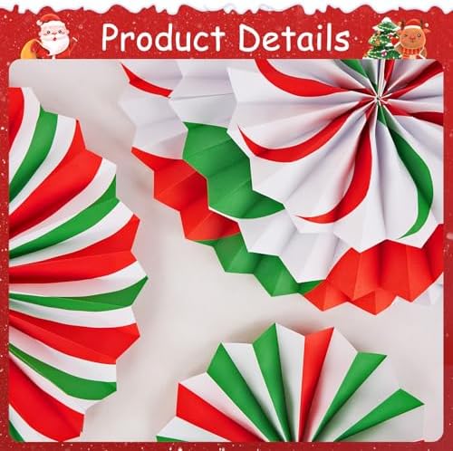 SUNBEAUTY Christmas Hanging Paper Fans Decoration Candy Peppermint Paper Christmas Decoration Candy Party Classroom Decor White and Red Xmas Ceiling Birthday Party Bulletin Board Office Decor