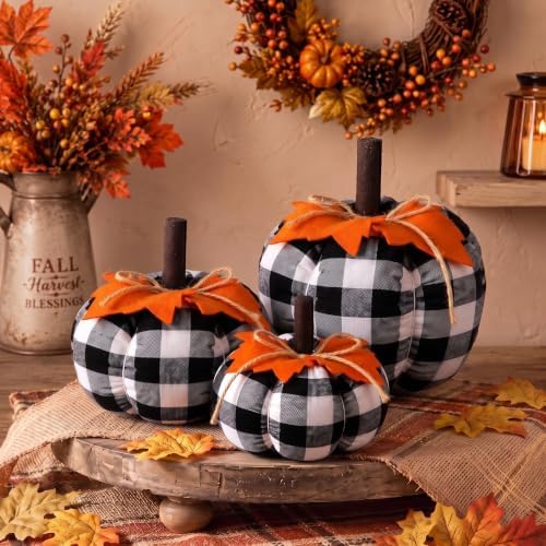 Beeveer 3 Pcs Fall Pumpkins Decor Black White Pumpkins with Orange Leaves