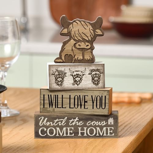 Moucuny 4 Pcs Highland Cow Table Decorations Cow Wooden Signs