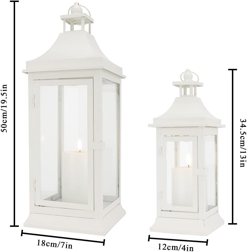 JHY DESIGN Set of 2 19.5''&13''Tall Vintage Candle Lanterns Outdoor Hanging Tower Lantern Metal Candle Holder for