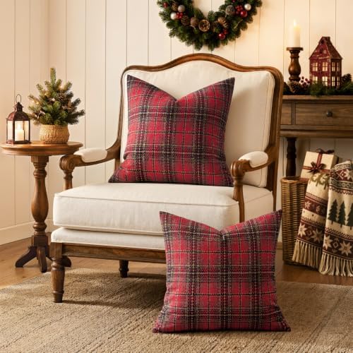 MIULEE Tartan Plaid Throw Pillow Covers Christmas 18x18 Inch Red