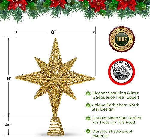 8 Inch Bethlehem Glitter Gold Star Christmas Tree Topper | Tree Toppers | Christmas Star Tree Topper | Rustic Tree Toppers Christmas Decorations | Christmas Tree Topper for 3-6 ft Trees