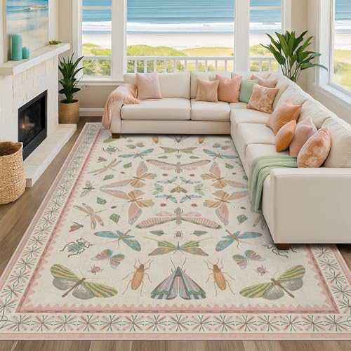 Hazo Haus Cute Rugs for Bedroom Girls - Pink Living Room Rugs 8X10, Dining Room Table, Washable Pastel Flower Insect