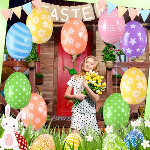 18 Pieces 12 Inch Inflatable Easter Eggs Easter Outdoor Yard Decoration Large Inflatable Hanging Eggs Ornaments Giant PVC Kids Toys for Garden Lawn Party Decor