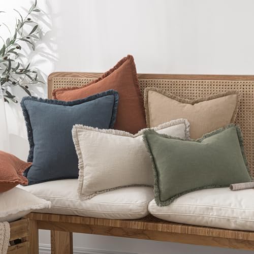 MIULEE Boho Linen Fringe Decorative Throw Pillow Covers Camel 18x18