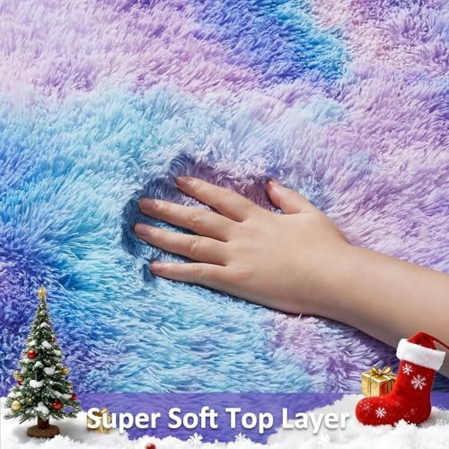 Ophanie Rainbow Purple Mermaid Rugs for Living Room 6x9,Kids Fluffy Shag Fuzzy Plush Soft Carpets,Floor Shaggy Area