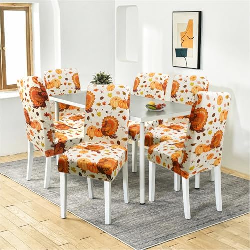 Fall Thanksgiving Chair Covers Covers Set of 6,Pumpkin Turkey Dining Chair Protectors, Elastic Removable Washable Dining Chair Covers for Fall Thanksgiving Kitchen Dining Room Holiday Decorations