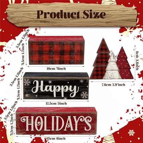 Moucuny 4 Pcs Wooden Block Signs Buffalo Plaid Holiday Farmhouse Decor