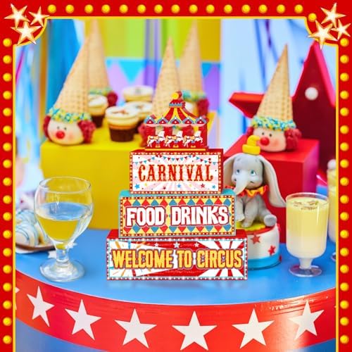 Britimes Tiered Tray Decor Set, 4 Pack, Wooden Table Sign, Carnival