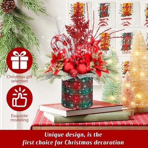 Small Christmas Tree Tabletop Artificial Mini Christmas Tree Decorations with Holiday Ornaments Red Berry Pine Cone Greenery for Home Indoor Fireplace Mantel Xmas Decor (Large-Round-Red)