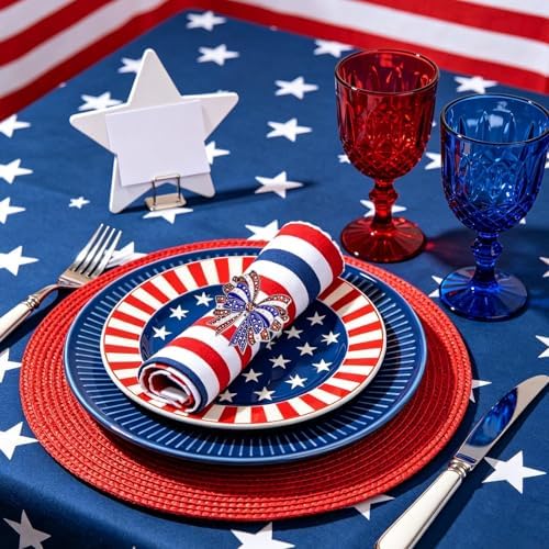 Patriotic Bow Napkin Rings Set of 8, 4th of July Red Blue White Metal Bow with Star Napkin Rings Holder for Independence Day, Presidential Election, Memorial, 250th Anniversary Table Decor
