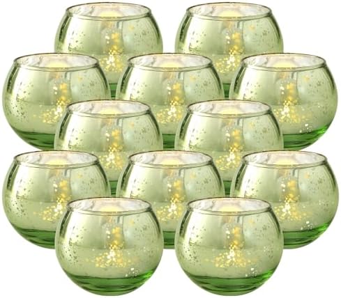 Volens Round Green Votive Candle Holder Set of 12, Mercury Glass Votives