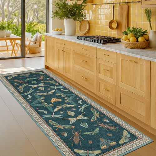 Hazo Haus Brown and Green Kitchen Sink Runner Rug 2x6 - Teal Boho Bathroom Rugs for Entrance Indoor, Insect Print
