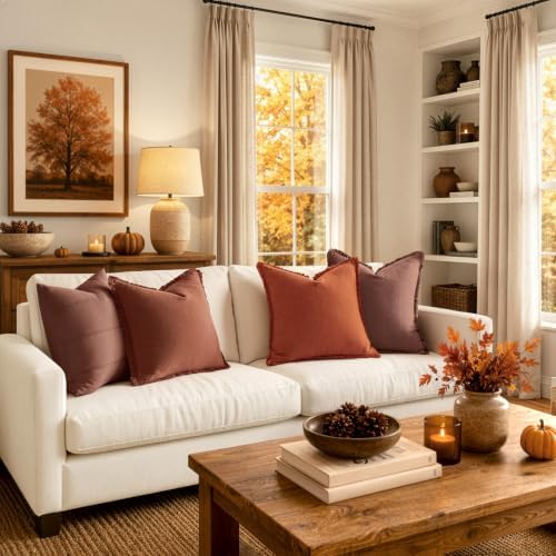 MIULEE Linen Fringe Decorative Fall Throw Pillow Covers Burnt Orange 18x18