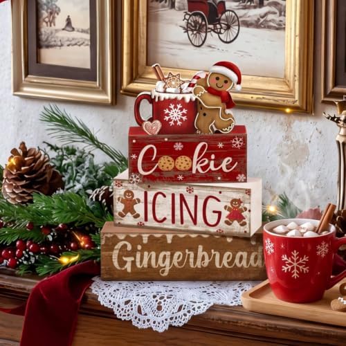 Moucuny 4 Pcs Christmas Table Decor Wooden Gingerbread Cocoa Block Signs