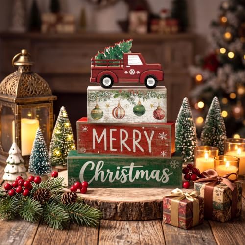 Lineshading 4 Pcs Christmas Table Decor, Red Truck Tree Block Sign Home