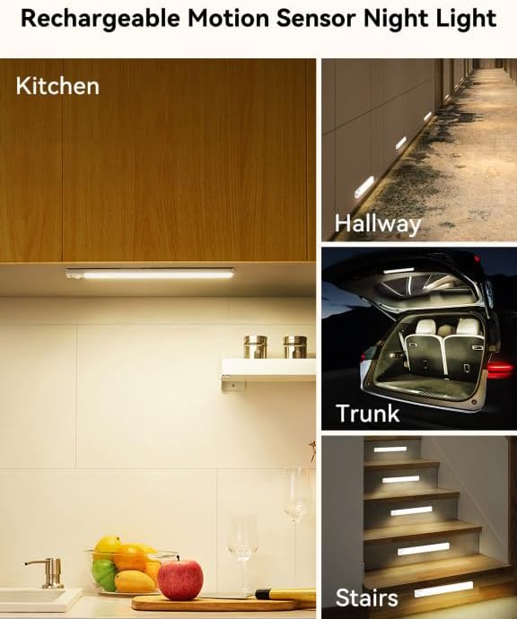 8Inch Under Cabinet Lighting Rechargeable with Charge Station, 6Pack | Motion Sensor Light Indoor 3 Color Dimmable