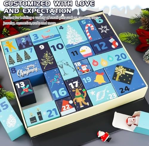 Christmas Advent Calendar, Empty Advent Calendar to Till Yourself, 24 Days Christmas Countdown Box, Reusable Empty Gifts Boxes, Xmas Gifts for Boys Girls Teens Adults