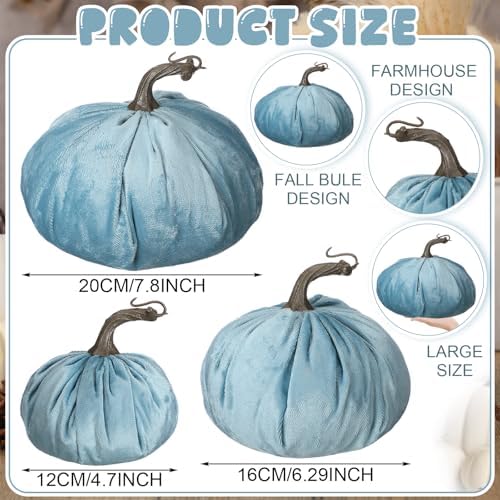 Beeveer 3 Pcs Fall Pumpkins Decor Blue Velvet Farmhouse Decorative