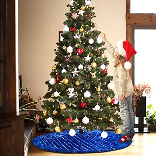 Christmas Tree Skirt Blue 36 Inch Faux Fur with Silver Sequins Soft Thick Plush Tree Skirt for Christmas Holiday Home Decoration