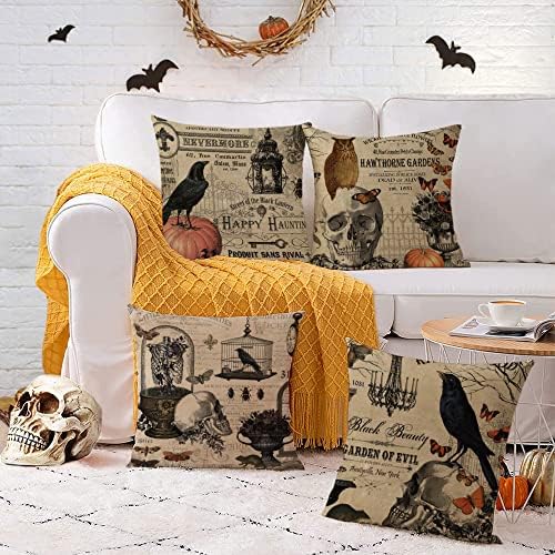 YeeJu Set of 4 Halloween Decorative Throw Pillow Covers Square Cotton Linen Cushion Covers Outdoor Couch Sofa Home Pillow Cases 22x22 Inch