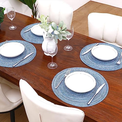 SHACOS Round Braided Placemats Set of 4 Dining Table Placemats 15 inch Circle Place Mats Easy to Clean Table Mats Indoor Outdoor, Blue Gray