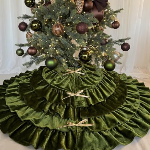 Velvet Christmas Tree Skirt, 48 Inches, 5-Tier Ruffle, Olive Green