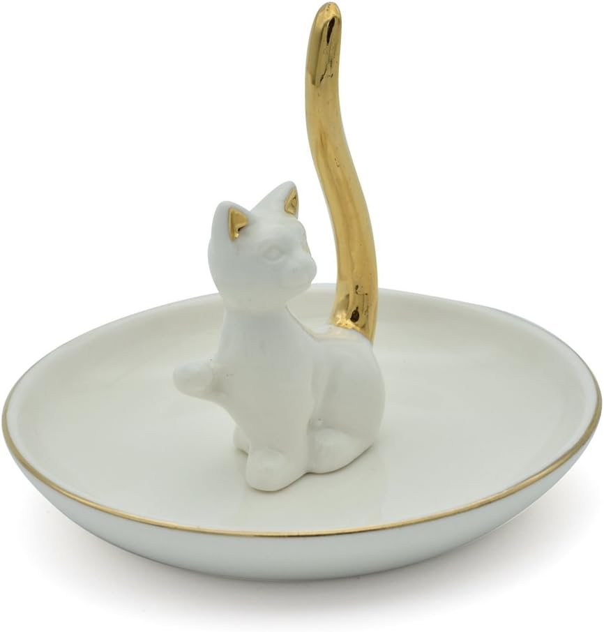 Love Cat Posture Ring Holder Jewelry Storage Dish Trinket Tray / One Size / White Cat Golden Tail