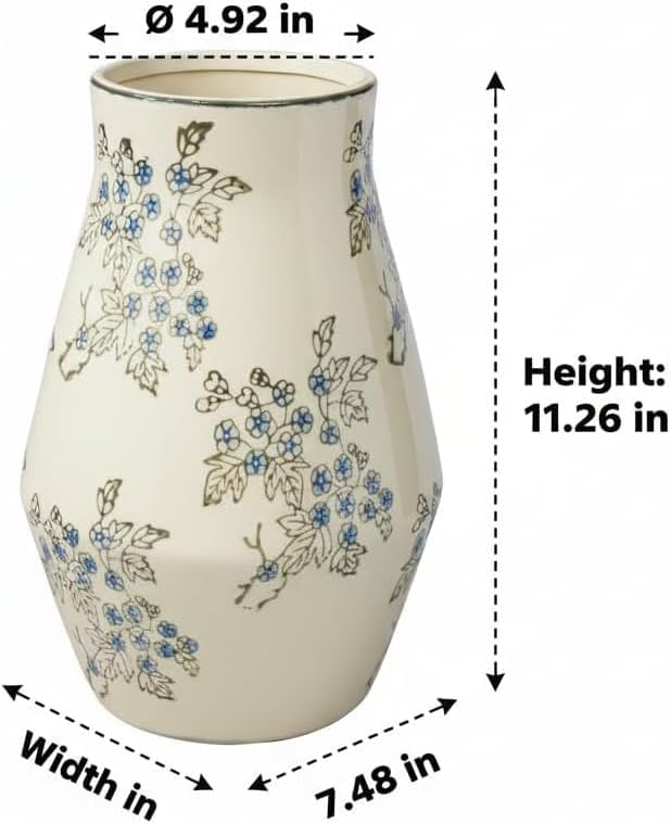 Tall Ceramic Vase for Flowers / Blue and White / 11 Inch