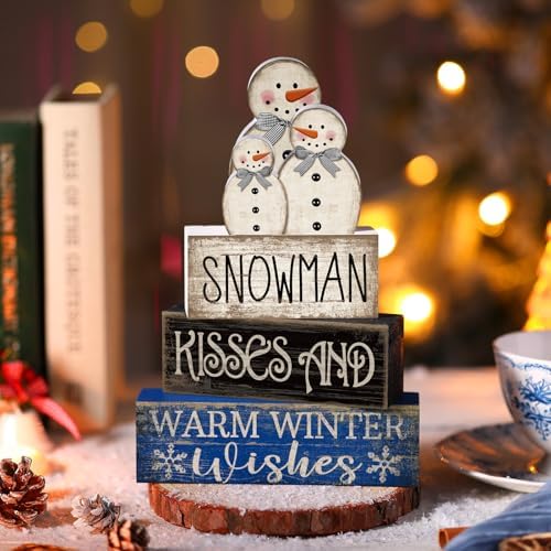 Lineshading 4 Pcs Wooden Snowman Tiered Tray Decor Winter Signs Home