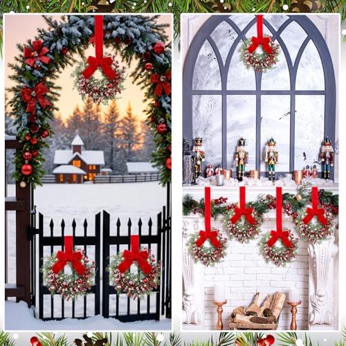 Thiccywoov 2 Pcs 9'' Small Christmas Cabinet Wreath with Light, Velvet Bow