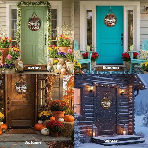 CondorPasea Interchangeable Welcome Door Sign with 16 Different Replaceable Patterns - 12" Round 3D Rustic Wooden Front