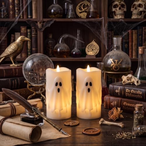 Halloween Ghost Flameless Pillar Candles with Remote Timer, 2PCS