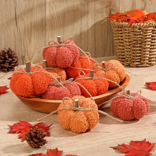 Fake Fall Pumpkin Decorations for Home, 9 Pcs Artificial Mini Fabric Pumpkins Autumn Decor, Fake Pumpkins for decorating, Fall Wedding Table Centerpiece Mantel Harvest Decor, Halloween, Thanksgiving