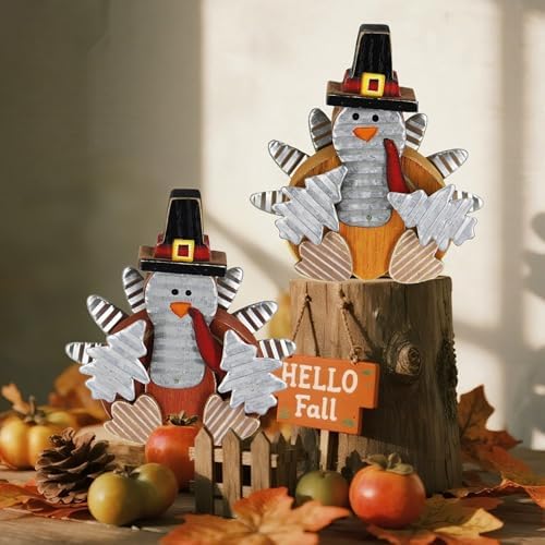 Zcaukya 2 Pack Thanksgiving Wooden Turkeys Decorations Indoor