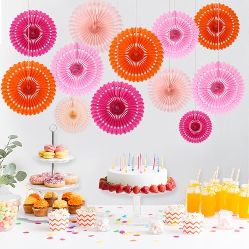 BestoFun 12PCS Paper Fans Orange and Hot Pink Party Decorations Tissue Paper Flowers Hanging Paper Fans Party Decorations for Girl Groovy Birthday Baby Shower Wedding Bachelorette Room Wall Décor
