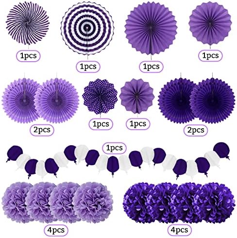 Party Decorations, Purple Papar Fans Pompoms Garlands for Women Girls Mothers Day Bachelorette Wedding Birthday Baby Showers Valentine's Day Party Decorations
